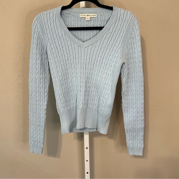 Tommy Hilfiger Sweaters - Tommy Hilfiger Women's Light Blue Cable Knit V-Neck Sweater
